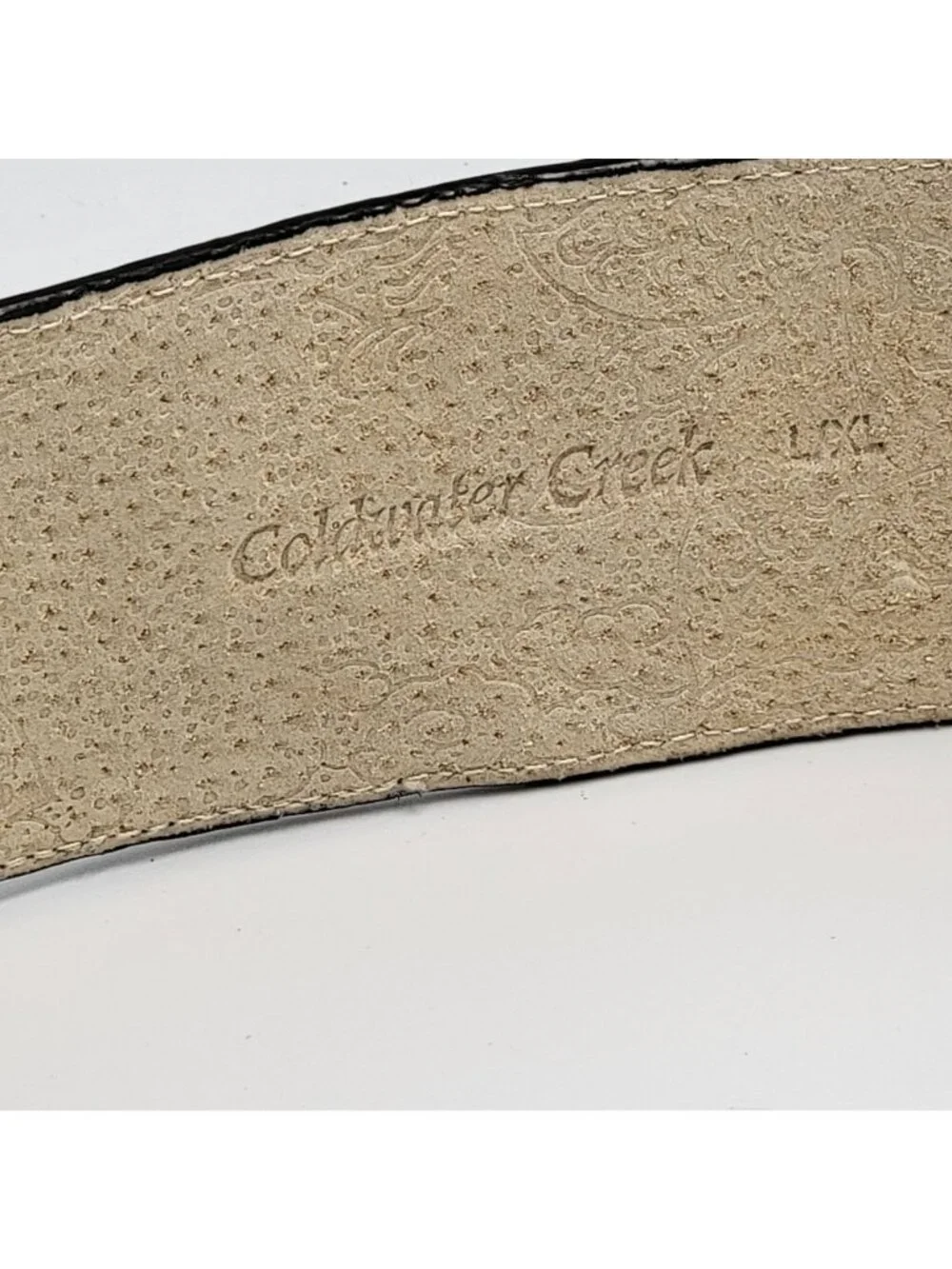 Black Embossed Leather Belt With Silver-Tone Horseshoe Buckle Adjustable Design